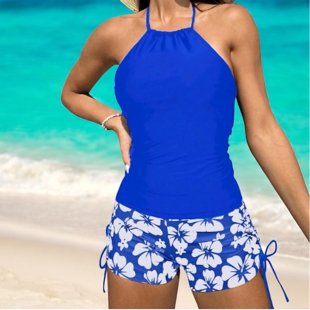 Sully Hux Swimsuit 2 Two Piece Set Halter Tankini Boy Bottoms Small‎